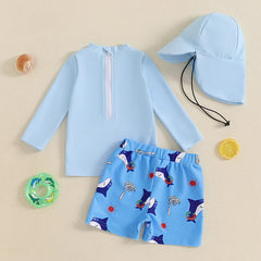 Boys Sun Pattern Rash Guard Swimsuit Set with Long Sleeve Round Neck Tops Shark Shorts and Swim Hat for Kids