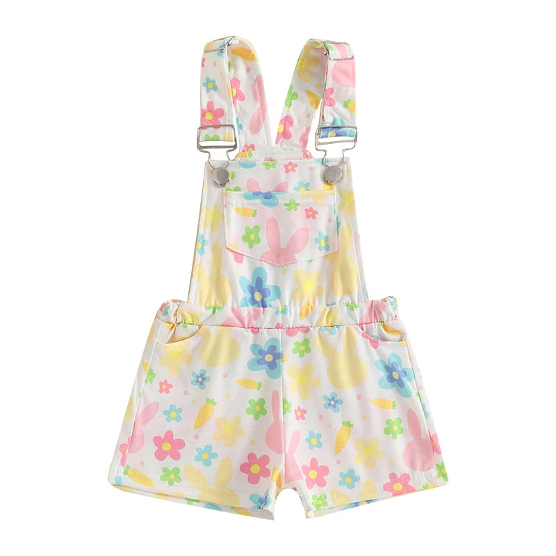 3-7Years Kids Girl Overalls Rompers Easter Egg/Bunny Print Sleeveless Square Neck Suspender Romper Toddlers Jumpsuit