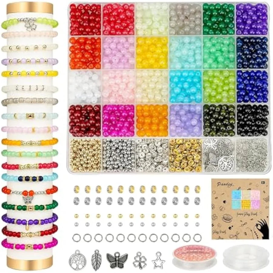 Paodey 6mm Glass Beads Bracelet Making Kit 1400pcs 24 Colors Crystal Beads for Jewelry Making Round Beads DIY Crafts with Space