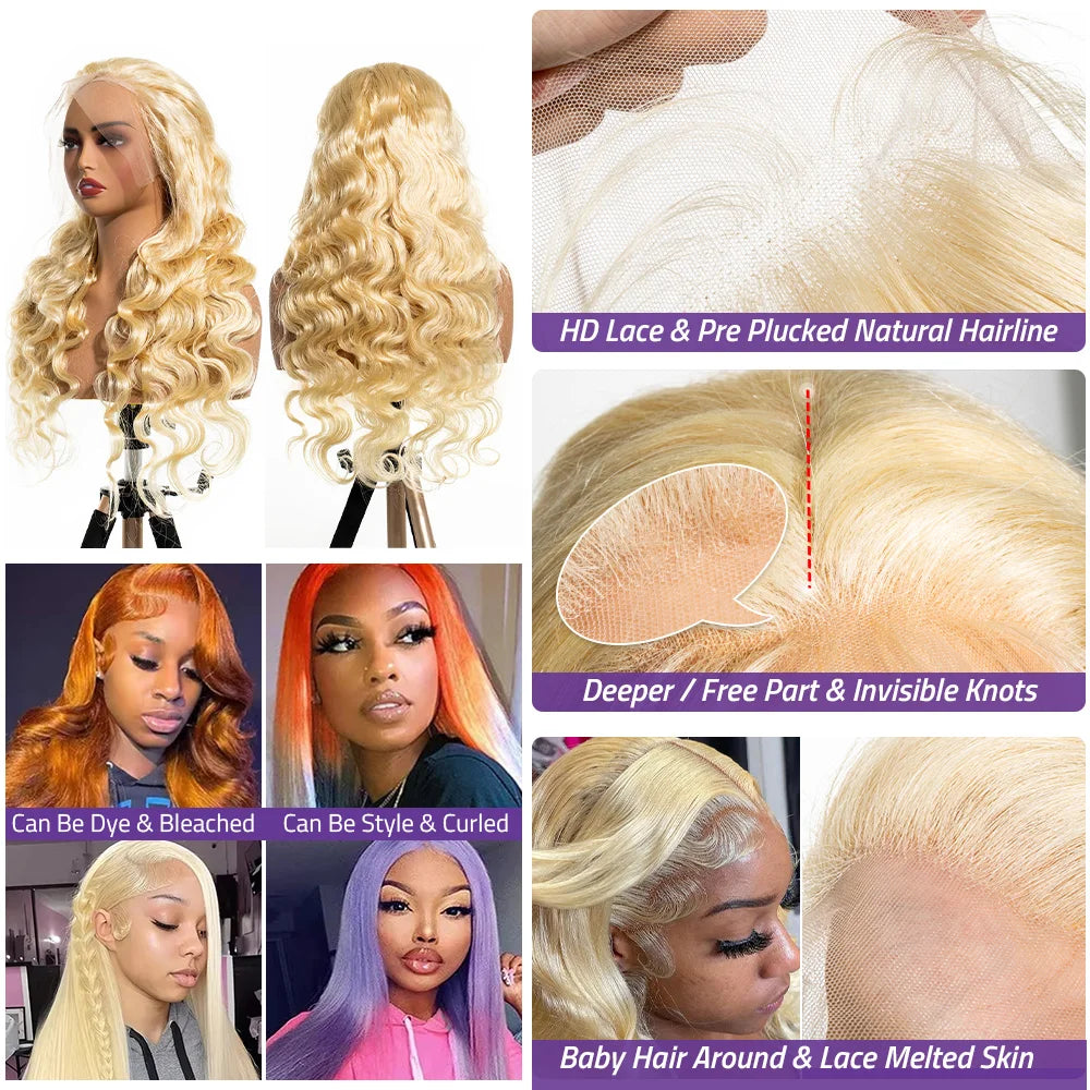 36 Inch HD Transparent Blonde Body Wave 13x6 Lace Front Human Hair Wigs Honey Colored Lace Frontal PrePlucked #613 Closure Wig