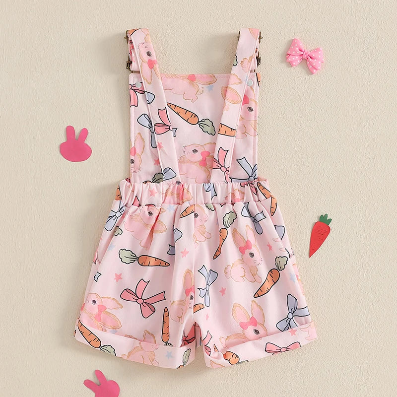 Adorable Infant Easter Romper Sleeveless Square Neck Bunny Print Overalls Suspender Jumpsuit with Bow Detail