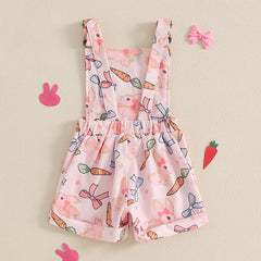 Adorable Infant Easter Romper Sleeveless Square Neck Bunny Print Overalls Suspender Jumpsuit with Bow Detail