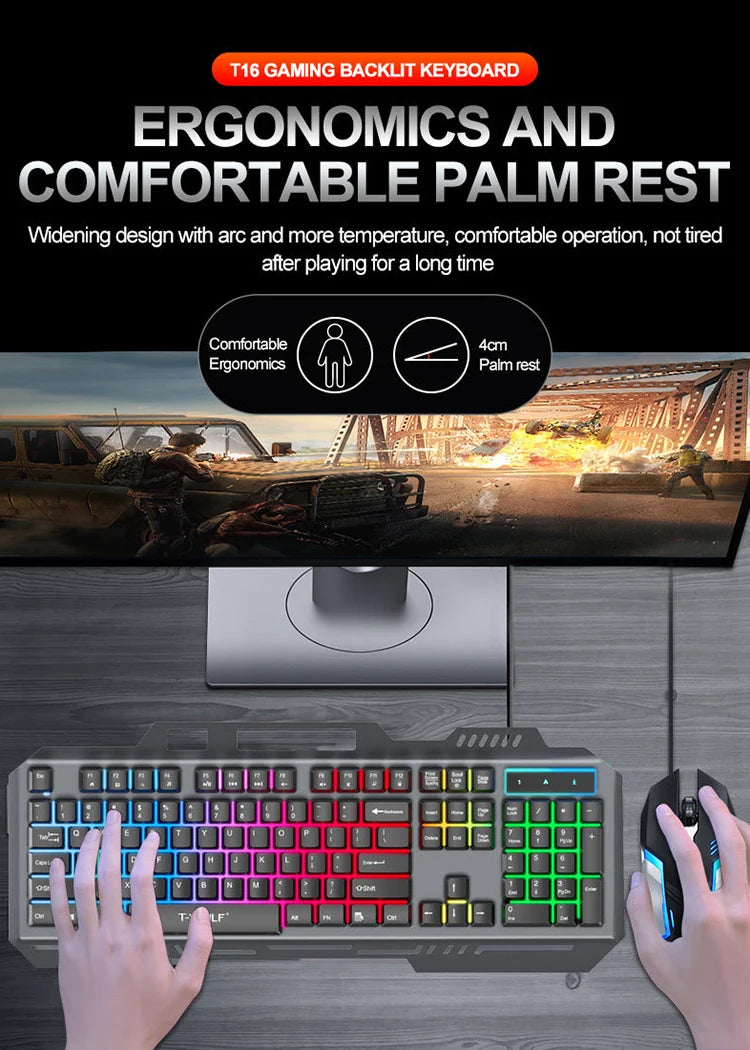 New T16 Gaming Keyboard Metal Plate Backlit Color Luminous USB Wired Game Keyboards for Home Desktop Computer Business Office