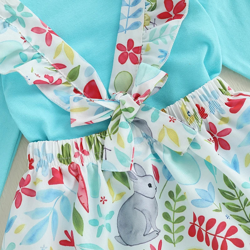 Adorable Infant Easter Ensemble with Bunny Print Suspender Skirt Solid Romper and Matching Headband - 3-Piece Set for Baby