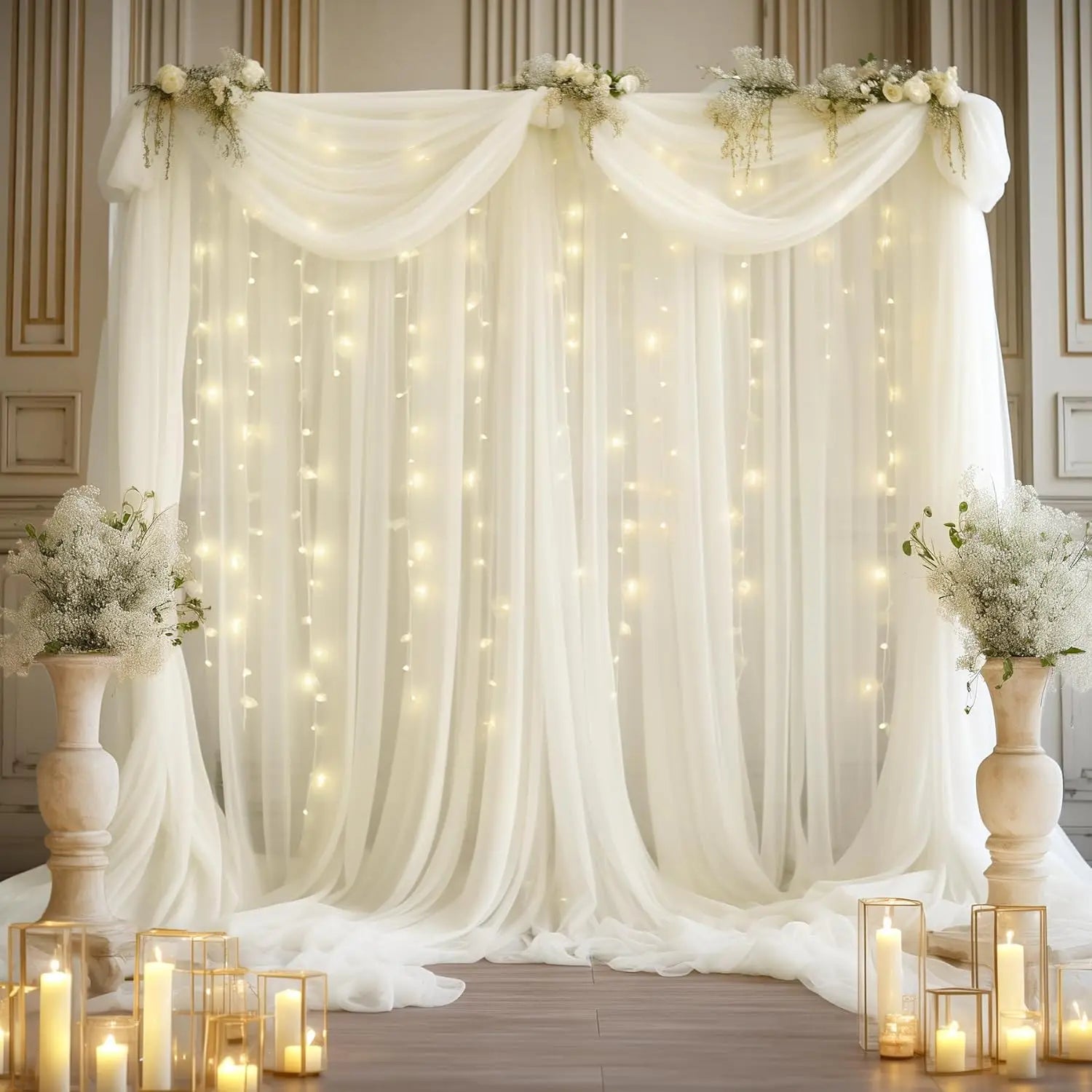 10x10ft Ivory Chiffon Backdrop Curtain with Lights String for Wedding Parties Baby Shower, Tulle Backdrop Curtains for Birthday