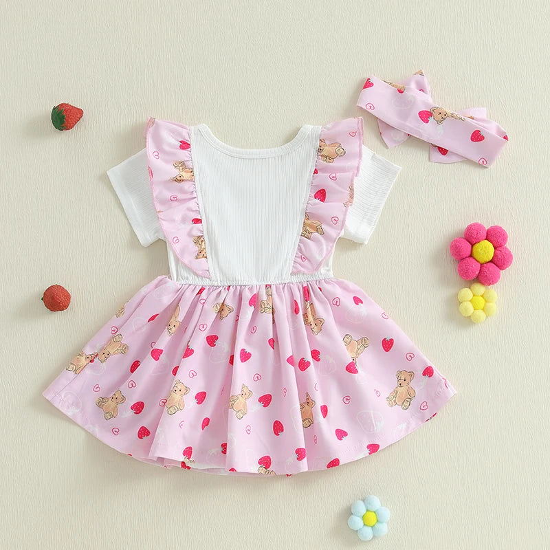 Cute Baby Girls Floral Print Sleeveless Romper Dress with Bow Headband Set Round Neck Ruffles Skirt Hem Infant Jumpsuits