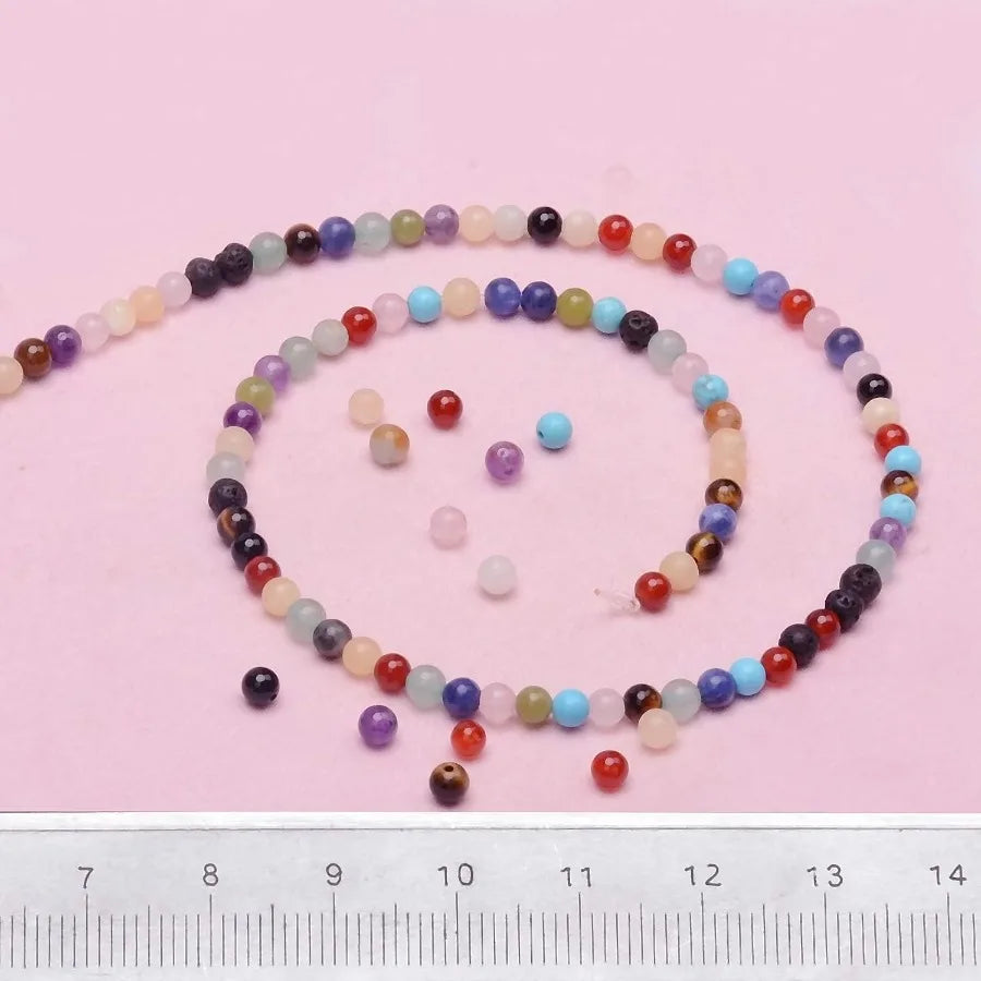 4mm Natural Mixed Materials Gemstones Beads and Brass Tiny Spacer Round Loose Beads Jewelry Making KIT with Thread and Needles