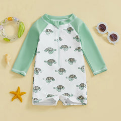 Baby Boys Rash Guard Swimsuit Shark Palm Tree Anchor Print Long Sleeve Mock Neck Zip Bathing Suit