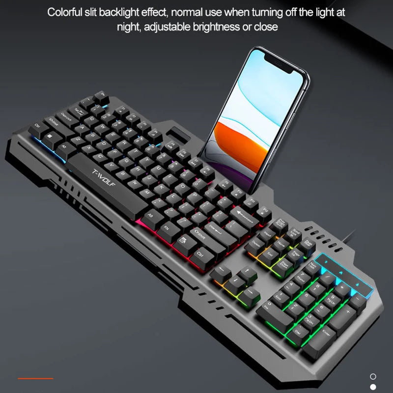 New T16 Gaming Keyboard Metal Plate Backlit Color Luminous USB Wired Game Keyboards for Home Desktop Computer Business Office