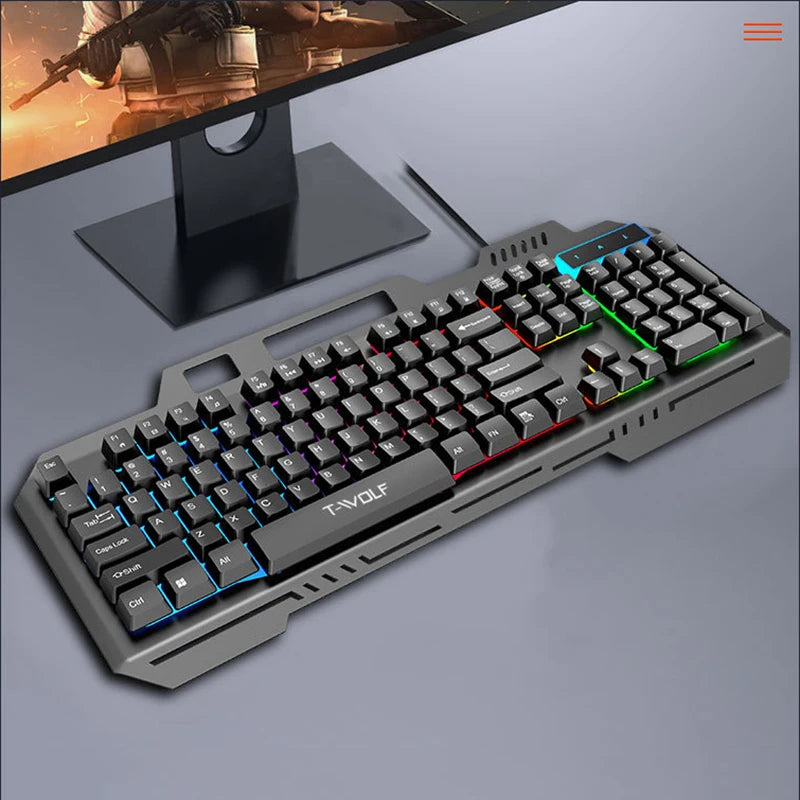 New T16 Gaming Keyboard Metal Plate Backlit Color Luminous USB Wired Game Keyboards for Home Desktop Computer Business Office