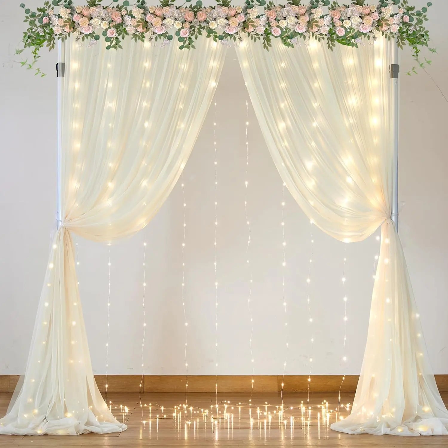 10x10ft Ivory Chiffon Backdrop Curtain with Lights String for Wedding Parties Baby Shower, Tulle Backdrop Curtains for Birthday