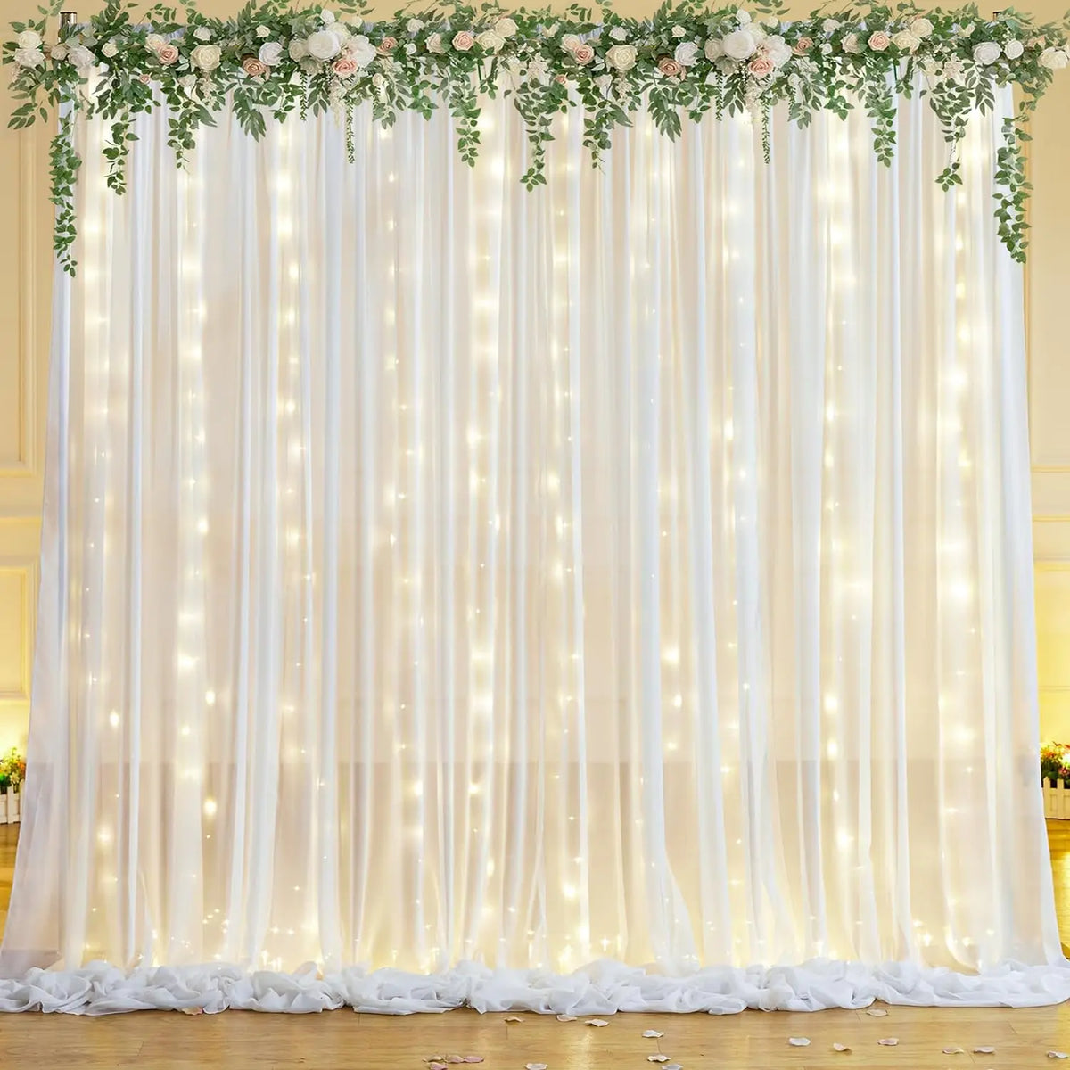 10x10ft Ivory Chiffon Backdrop Curtain with Lights String for Wedding Parties Baby Shower, Tulle Backdrop Curtains for Birthday