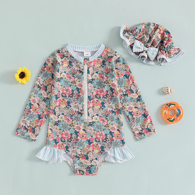 Girls Summer Swimsuit Set with Floral Print Ruffled Zipper Rash Guard Long Sleeve and Matching Bow Hat for Toddlers - Cute