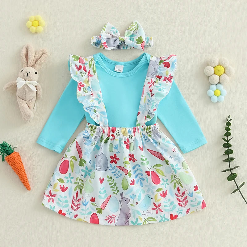 Adorable Infant Easter Ensemble with Bunny Print Suspender Skirt Solid Romper and Matching Headband - 3-Piece Set for Baby