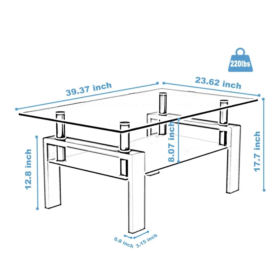 Rectangle Black Glass Coffee Table Clear Coffee Table Modern Side Center Tables for Living Room Furniture