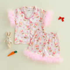 Toddler Boy Easter Pajamas Set with Cute Chick Print Lapel Feather Short Sleeve Button Down Tops and Shorts Satin Sleepwear