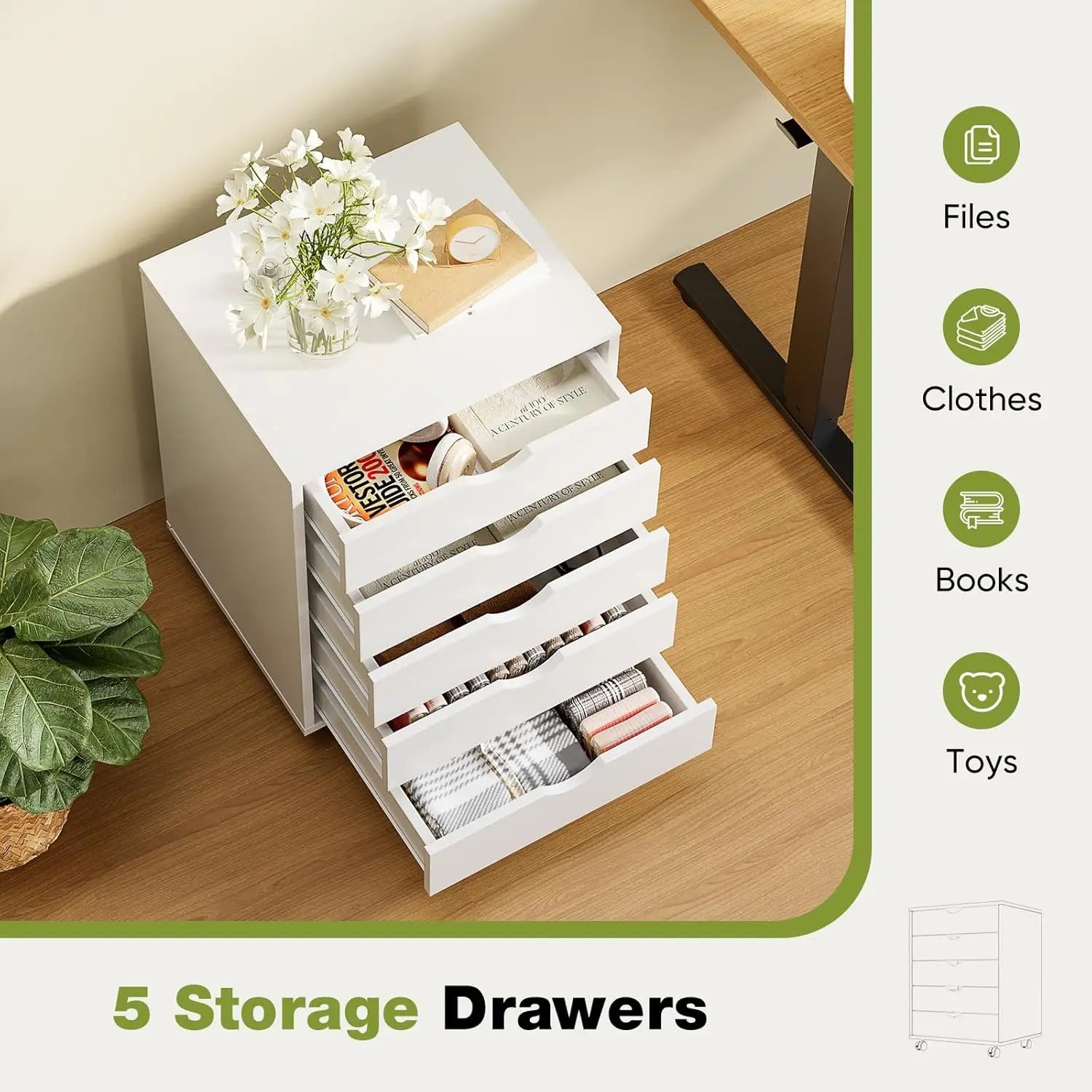 5 Drawer Chest Mobile Storage Cabinets Small Wooden Dresser with Wheels Room Organization Furniture for Office Home, White Wood