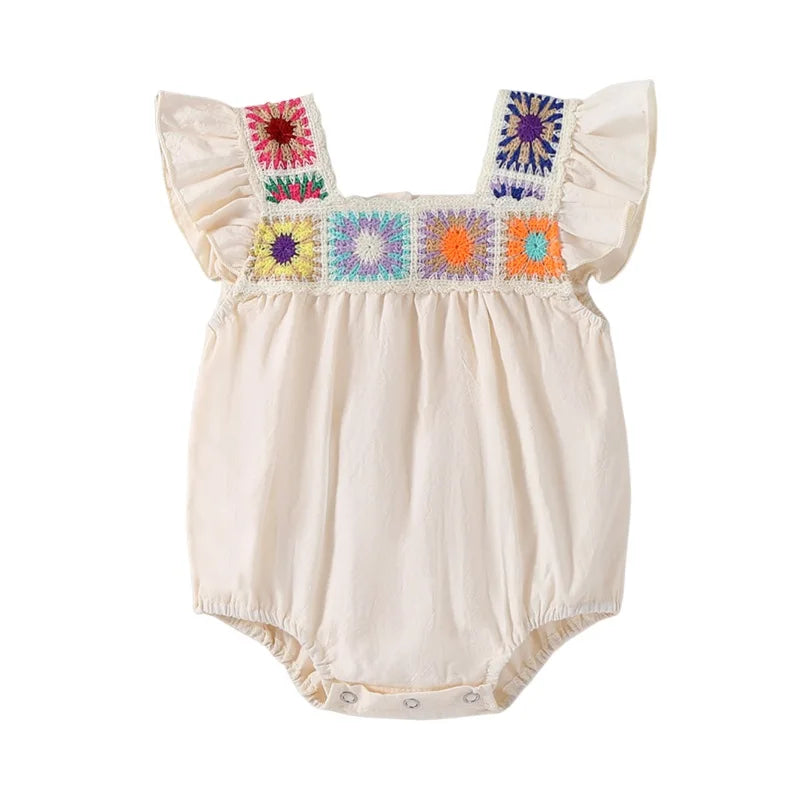 Infant Floral Lace Romper with Flutter Sleeves and Square Neckline Adorable Baby Girl Summer Playsuit Jumpsuit