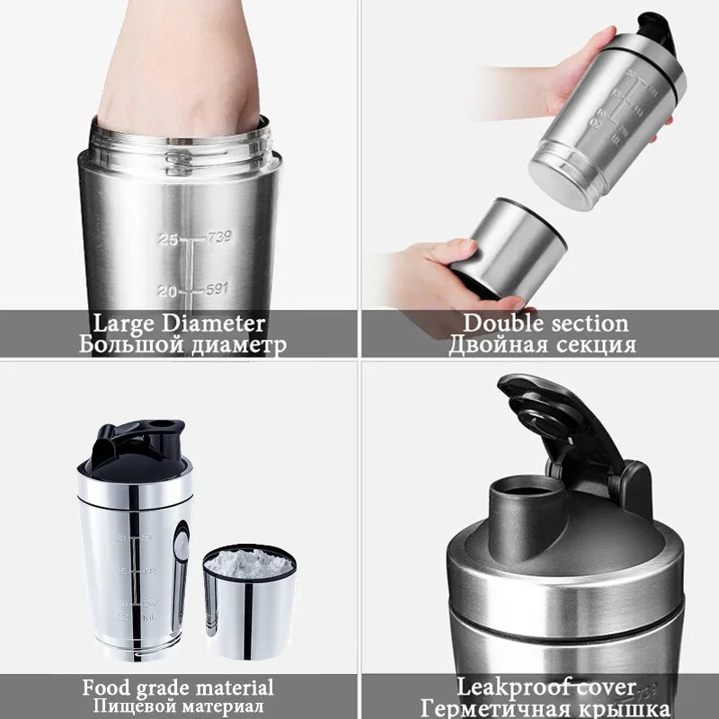 New Stainless Steel Cup Vacuum Mixer Outdoor Drink Kettle Detachable Double Layer Whey Protein Powder Sports Shaker Water Bottle