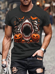 Slightly Elastic With 3D Shark And Halloween Pumpkin Patterns Fitted Knit Fabric Men's Casual Polyester Round Neck T-shirt