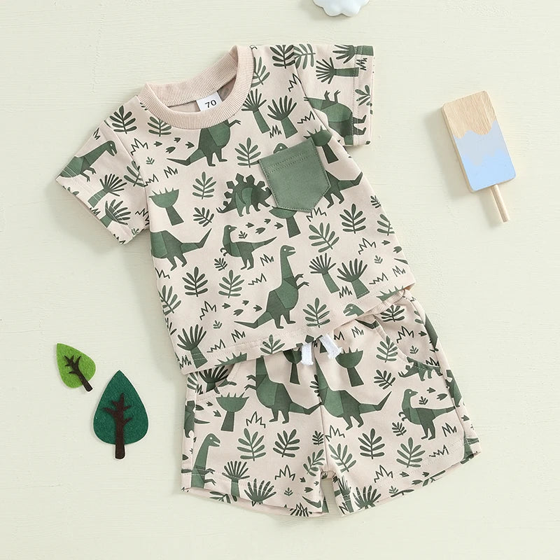 Infant Baby Boy Dino Print Tee and Shorts Set with Elastic Waistband for Summer - 2 Piece Toddler Outfit