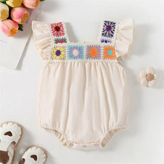 Infant Floral Lace Romper with Flutter Sleeves and Square Neckline Adorable Baby Girl Summer Playsuit Jumpsuit