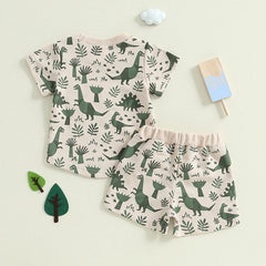 Infant Baby Boy Dino Print Tee and Shorts Set with Elastic Waistband for Summer - 2 Piece Toddler Outfit