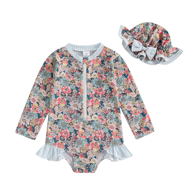 Girls Summer Swimsuit Set with Floral Print Ruffled Zipper Rash Guard Long Sleeve and Matching Bow Hat for Toddlers - Cute