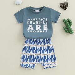 Infant Cowboy Style Shirt and Shorts Set with Letter Print and Cactus Design Elastic Waistband for Comfort