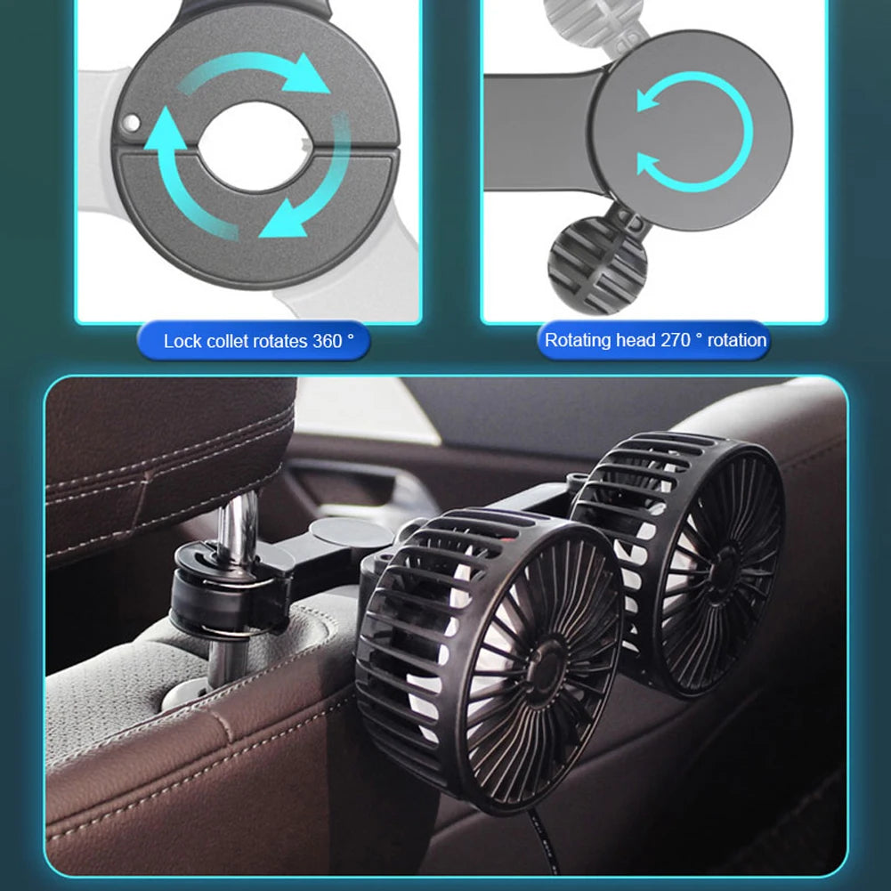 USB Automotive Fan Portable Air Conditioner Cars Electric Fan for Home Office 360 Degree Rotatable Dual Head 3 Speed Seat Fan