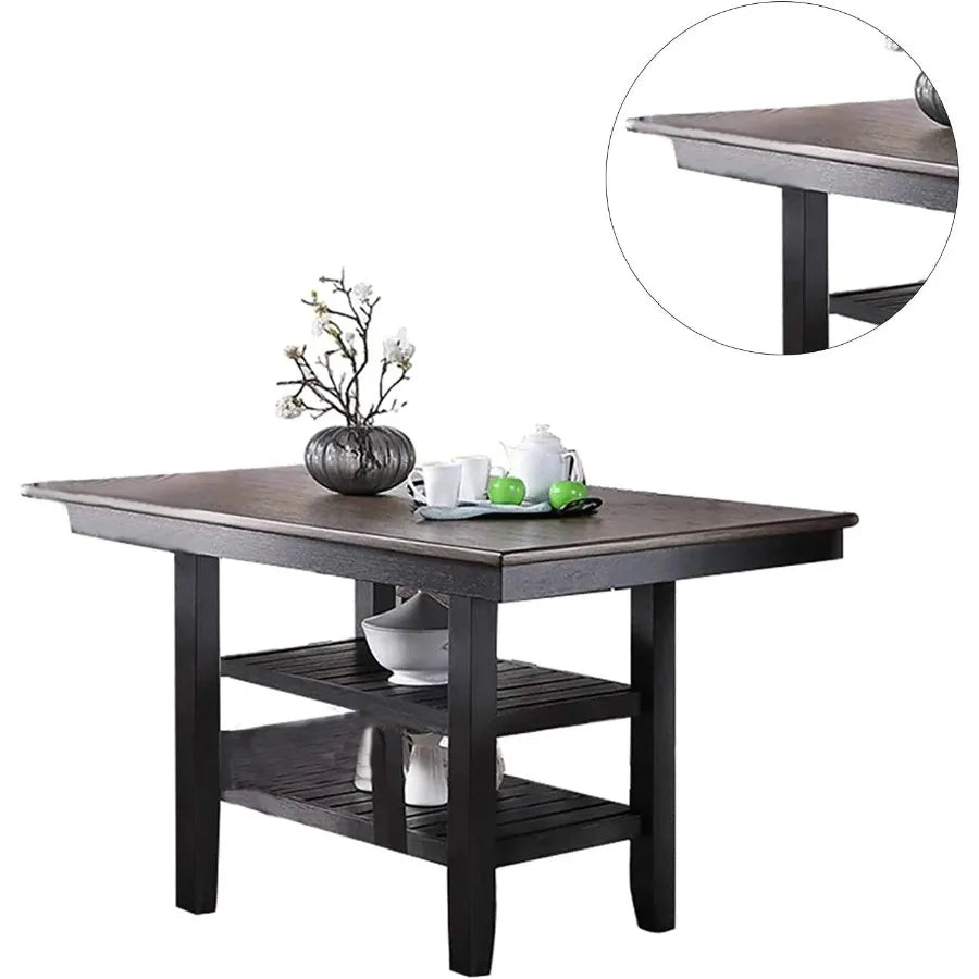 Counter Height Dining Table Dark Coffee Finish Kitchen Breakfast Dining Room Furniture Rubber Wood 2 Storage Shelves