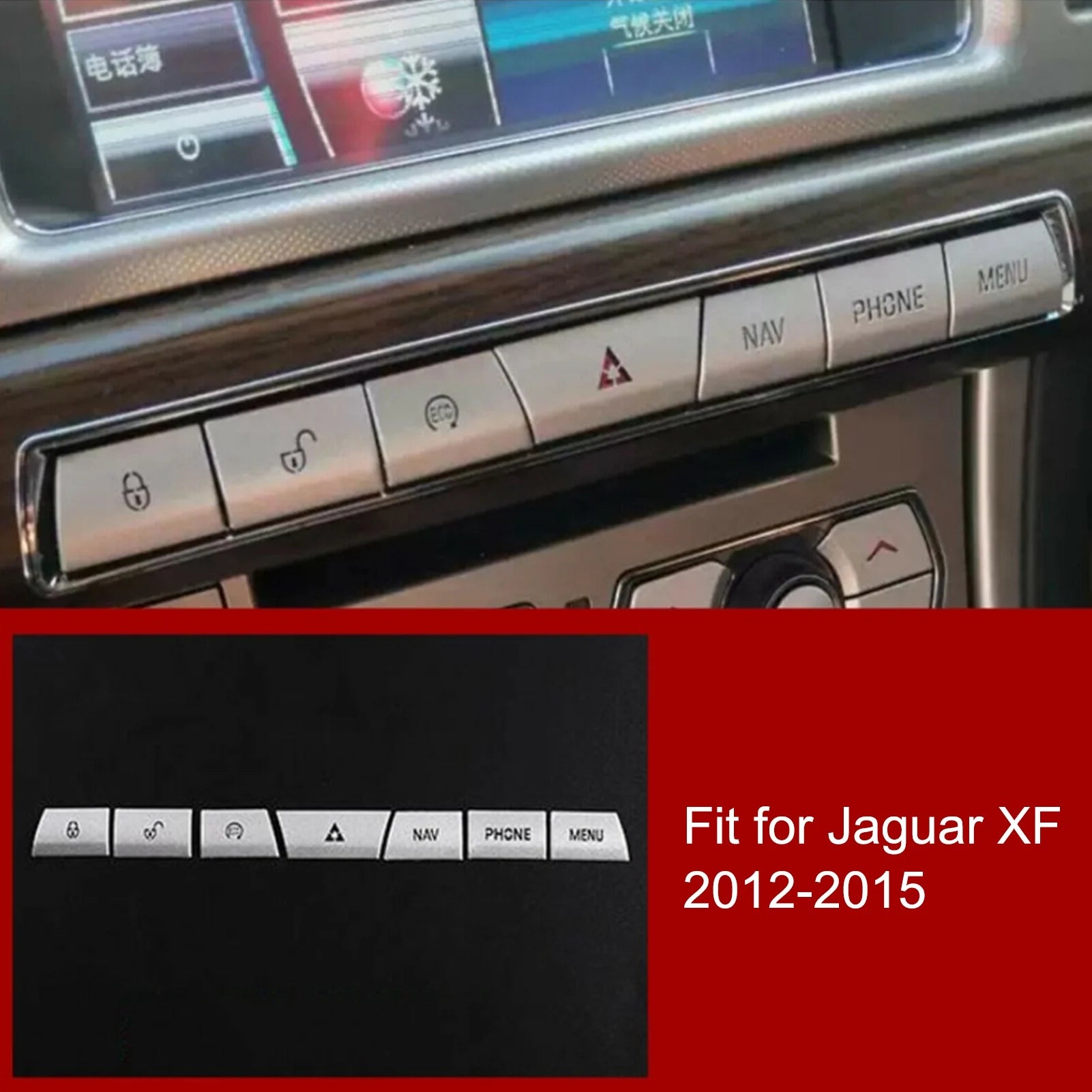 7Pcs Multimedia Panel Button Cover Sticker Silver Aluminium Alloy Fit for Jaguar XF 2012‑2015