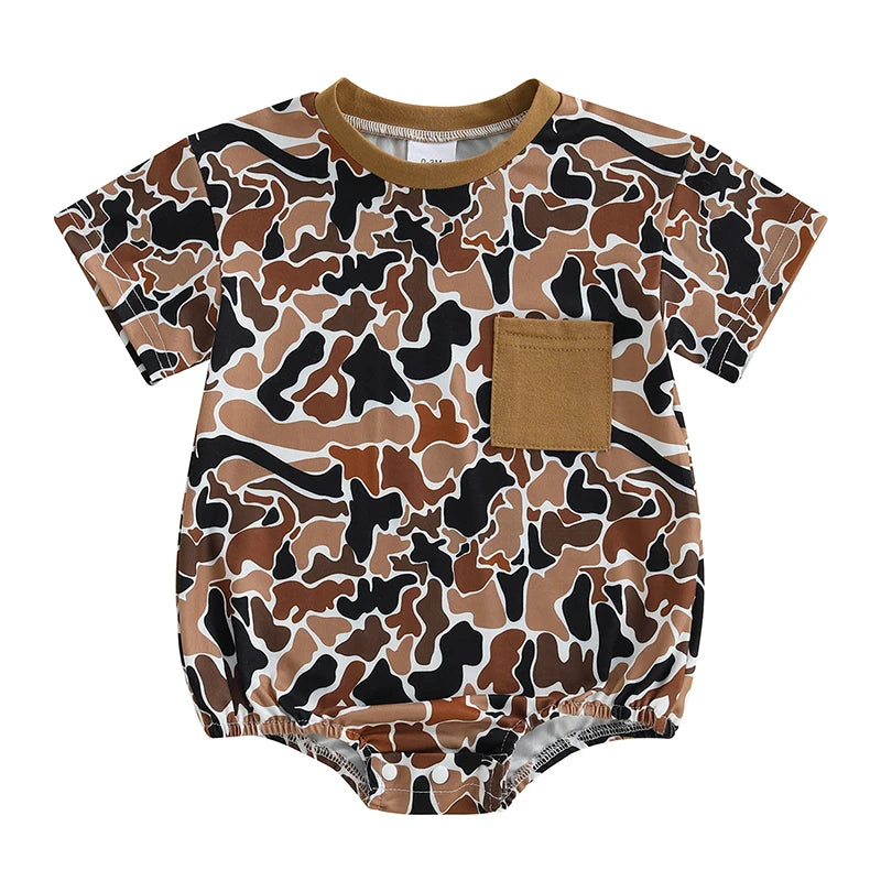 Toddler Boy Lightweight Cotton Short Sleeve Round Neck Camo Romper with Loose Fit and Snap Closure