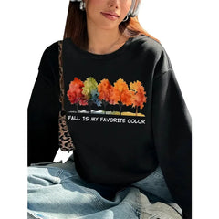 Women Basic Casual Pullover Long Sleeve Autumn Maple Tree Printed Round Neck