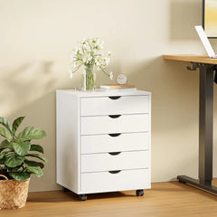 5 Drawer Chest Mobile Storage Cabinets Small Wooden Dresser with Wheels Room Organization Furniture for Office Home, White Wood