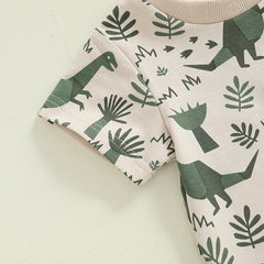 Infant Baby Boy Dino Print Tee and Shorts Set with Elastic Waistband for Summer - 2 Piece Toddler Outfit