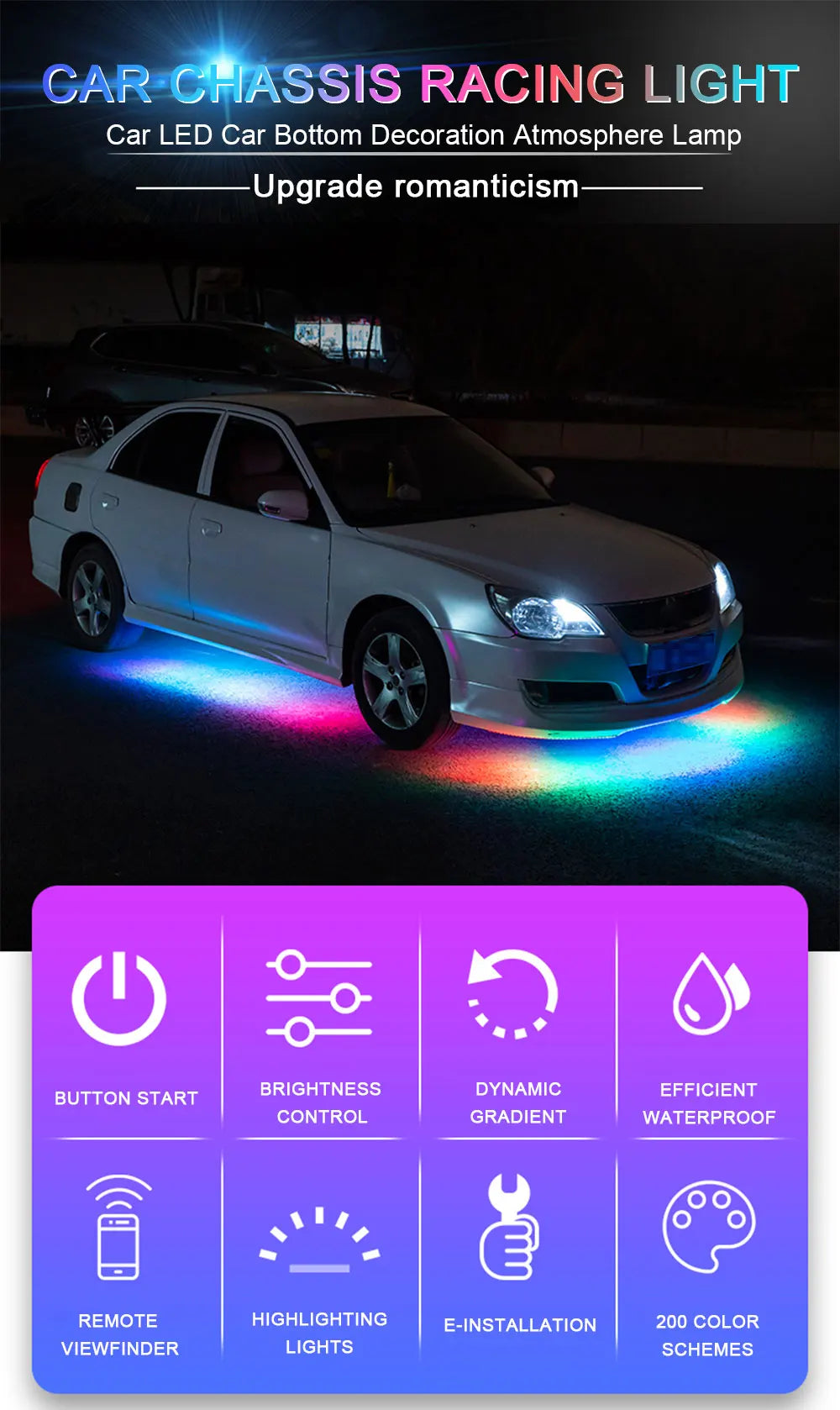 Car LED Light Bar Ambient Lamp 12V Underglow Lights RGB APP Control Automotive Decoration Atmosphere Light Universal