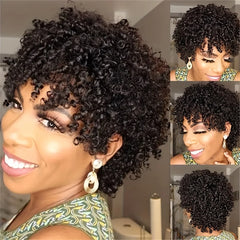 kinky curly 6inch daily party use remy hair 150% density pixie short natural black color machine made human hair wigs for women