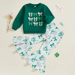 Women s St Patrick s Day Outfit Long Sleeve Crew Neck Sweatshirt with Bow and Clover Print Flared Pants Set