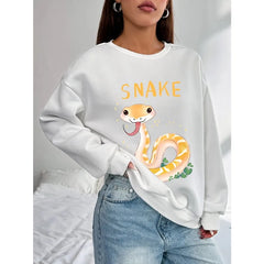 Basic Women Casual Long Sleeve Yellow Snake Print Round Neck Pullover for Spring Autumn