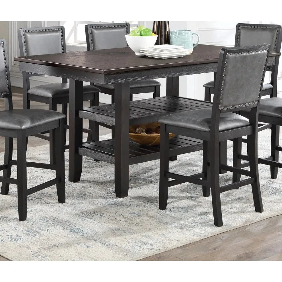 Counter Height Dining Table Dark Coffee Finish Kitchen Breakfast Dining Room Furniture Rubber Wood 2 Storage Shelves