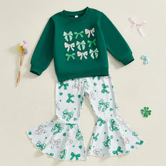 Women s St Patrick s Day Outfit Long Sleeve Crew Neck Sweatshirt with Bow and Clover Print Flared Pants Set