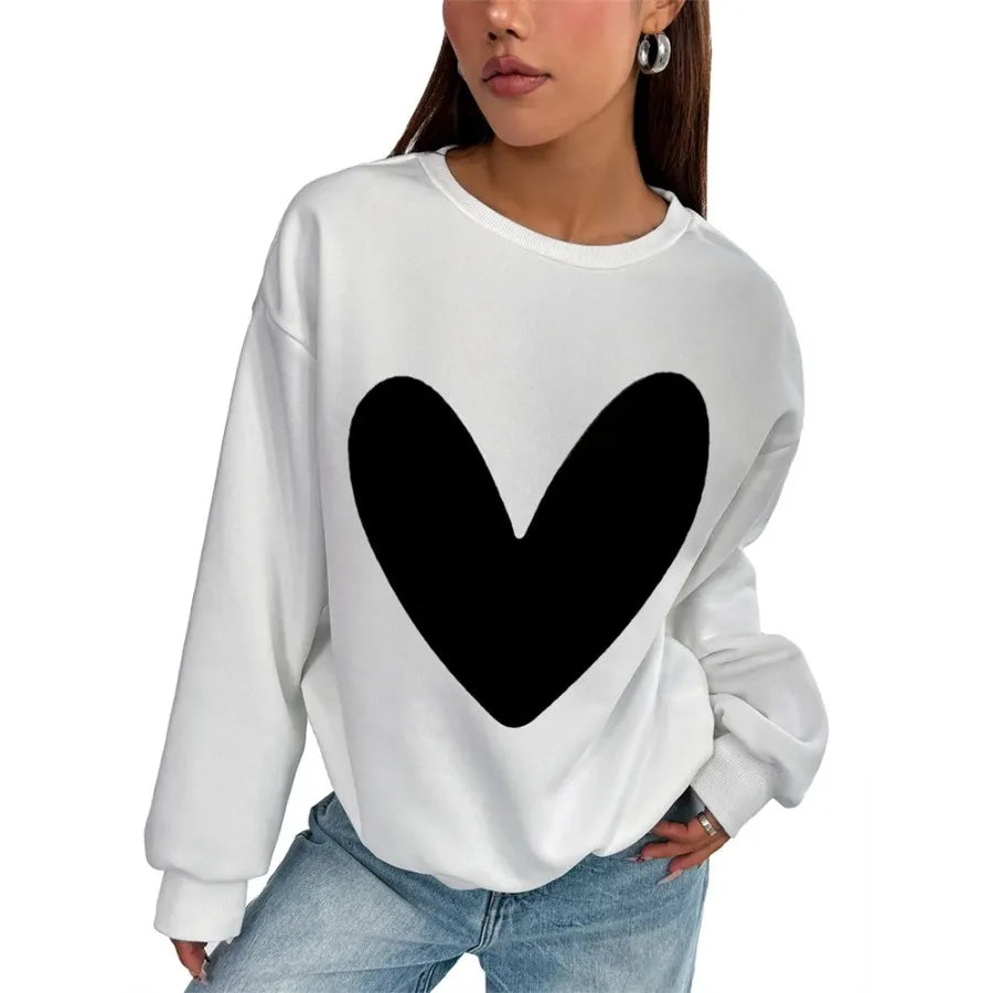 Women Basic Casual Pullover Spring Autumn Long Sleeve Solid Color Heart Printed Round Neck