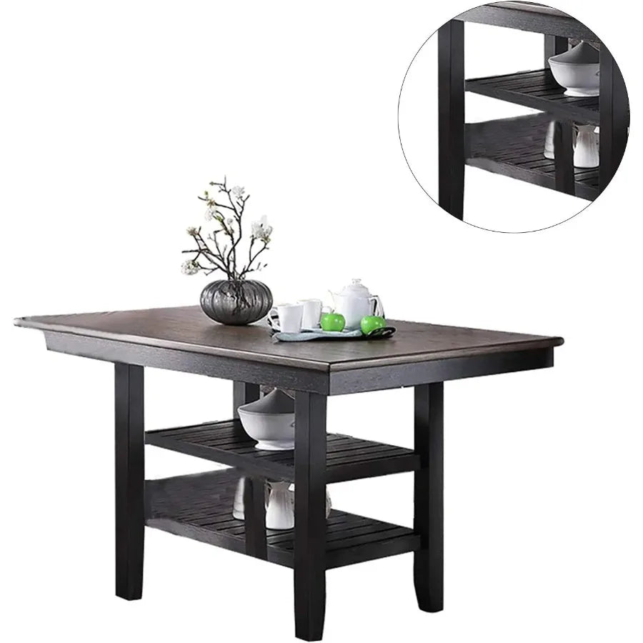 Counter Height Dining Table Dark Coffee Finish Kitchen Breakfast Dining Room Furniture Rubber Wood 2 Storage Shelves