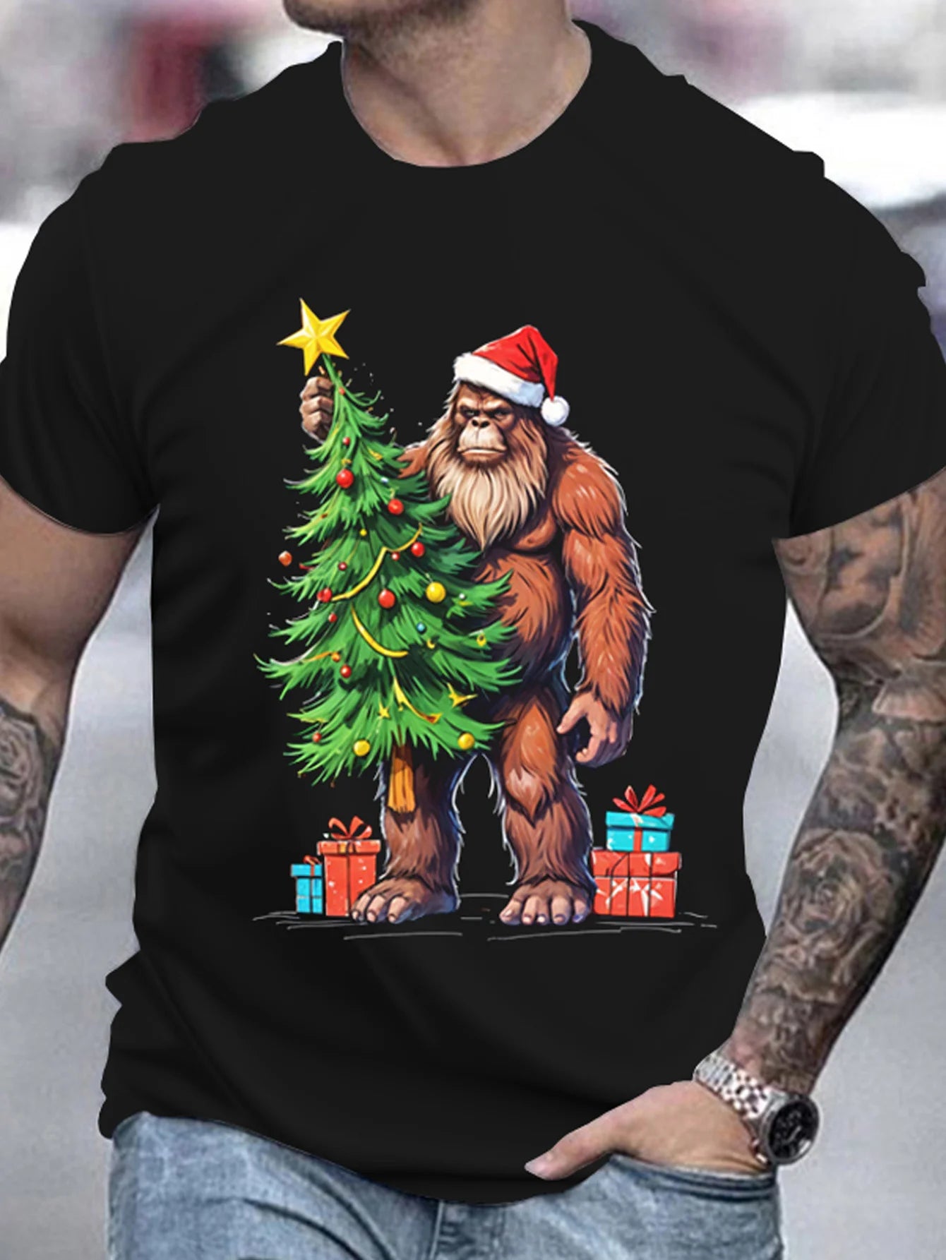 Summer Polyester T-shirt, Fit Style Men's Christmas Bigfoot 3D Printed T-shirt Casual Round Neck Short Sleeve