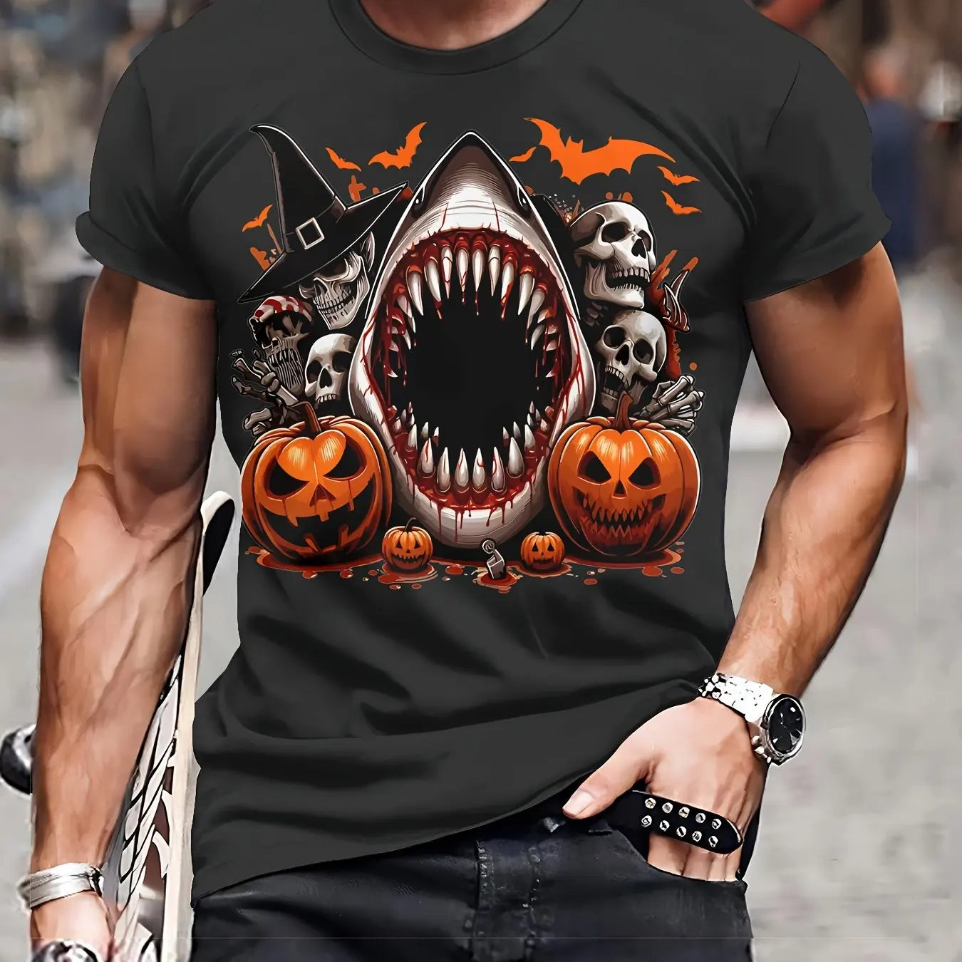 Slightly Elastic With 3D Shark And Halloween Pumpkin Patterns Fitted Knit Fabric Men's Casual Polyester Round Neck T-shirt