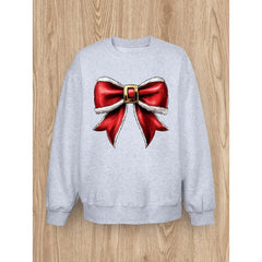 Women Basic Casual Pullover Long Sleeve Round Neck Plush Bow Printed Spring Autumn Christmas