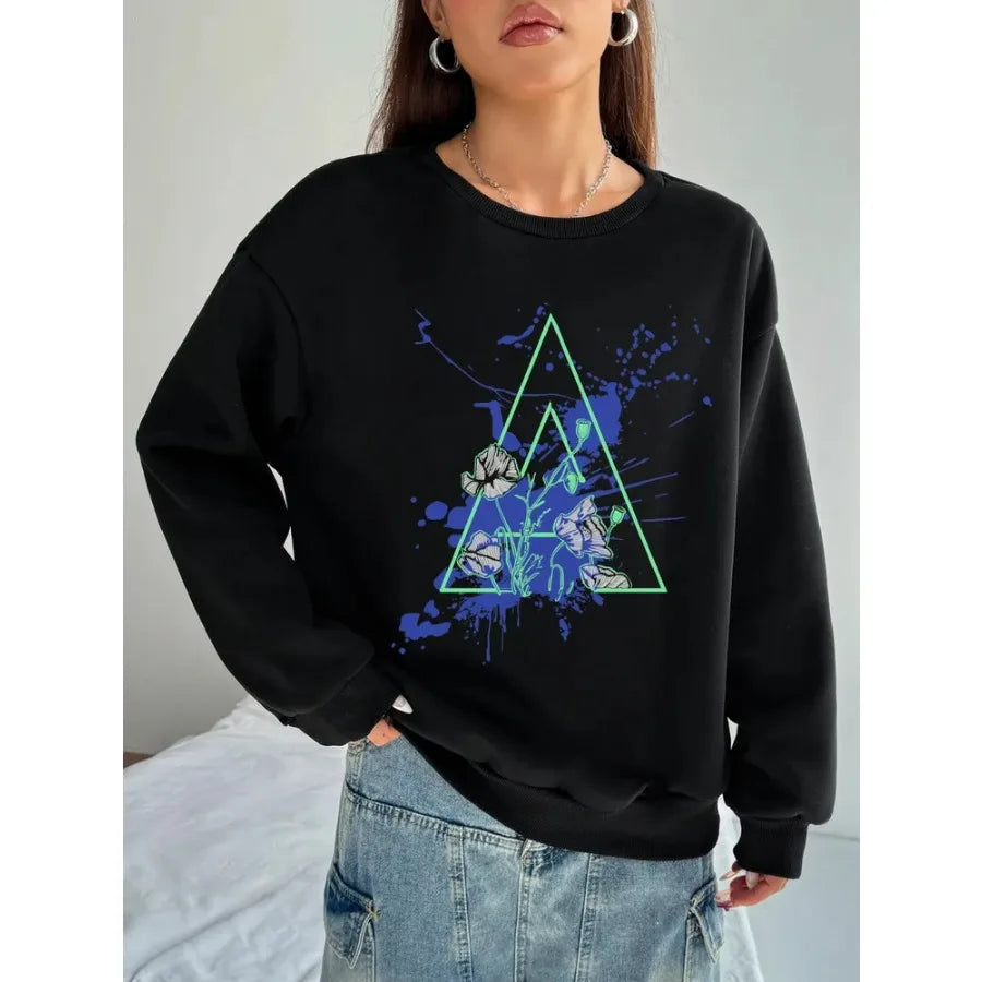 Women Basic Casual Pullover Spring Autumn Long Sleeve Triangles Printed Round Neck