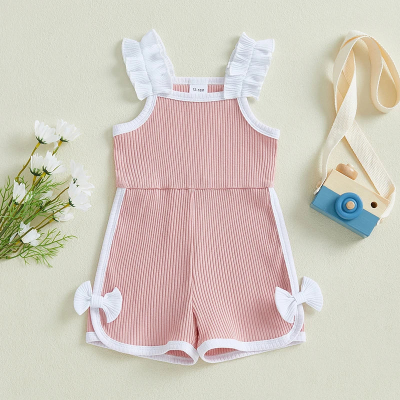 Toddler Girl Floral Print Sleeveless Romper Jumpsuit with Ruffle Detail and Bow Tie Round Neck Summer Playsuit Shorts