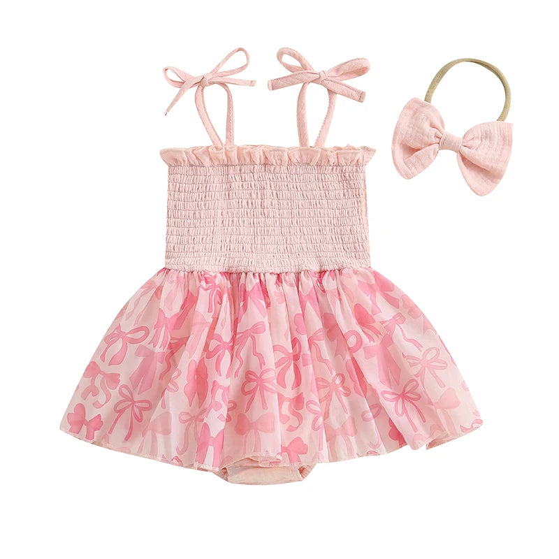 Baby Girl Floral Print Ruffle Sleeve Romper Dress with Matching Headband 2 Piece Set for Summer Outings and Parties